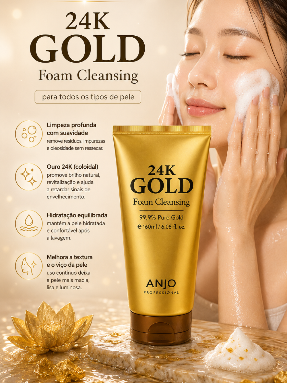 24K Gold Foam Cleansing 100ml - Anjo Professional