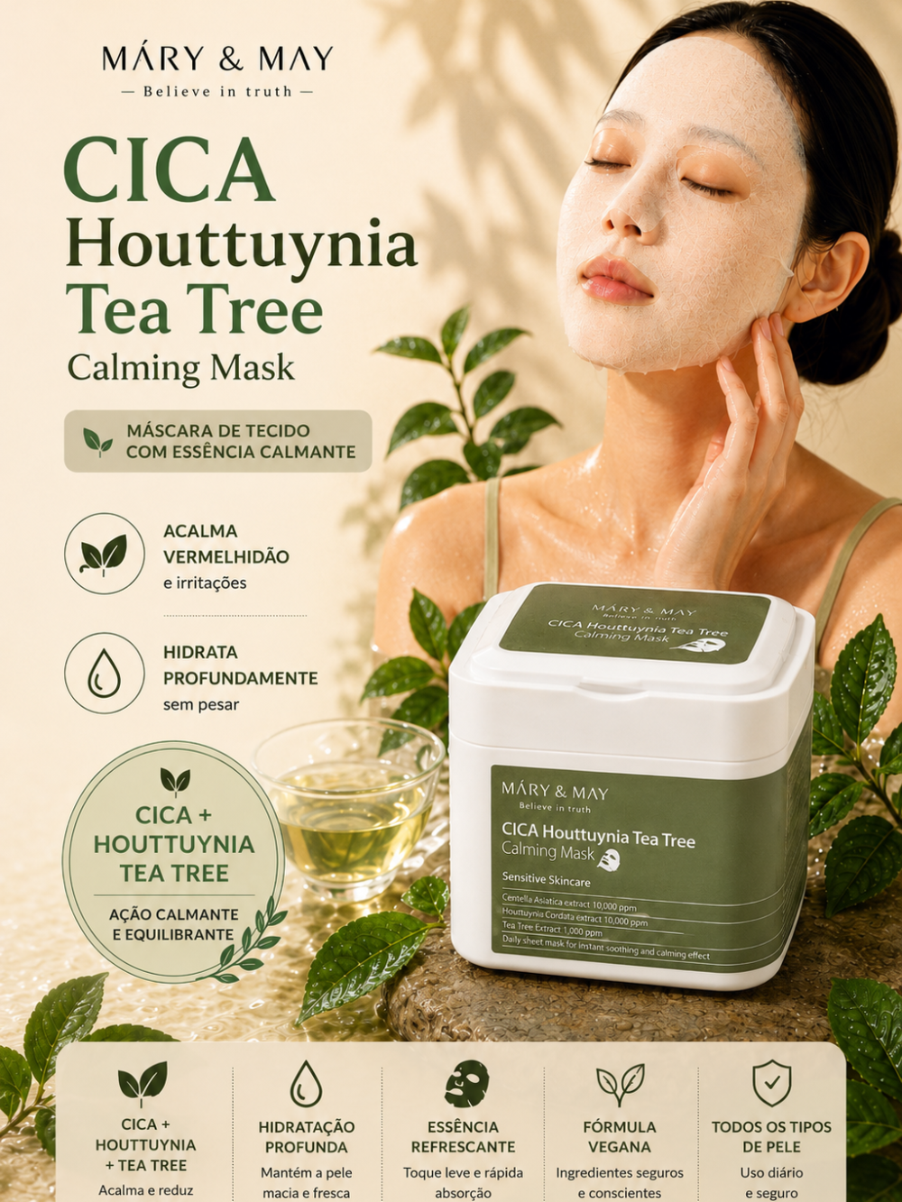 CICA Houttuynia Tea Tree Calming Mask - 30 Unidades - Mary&May