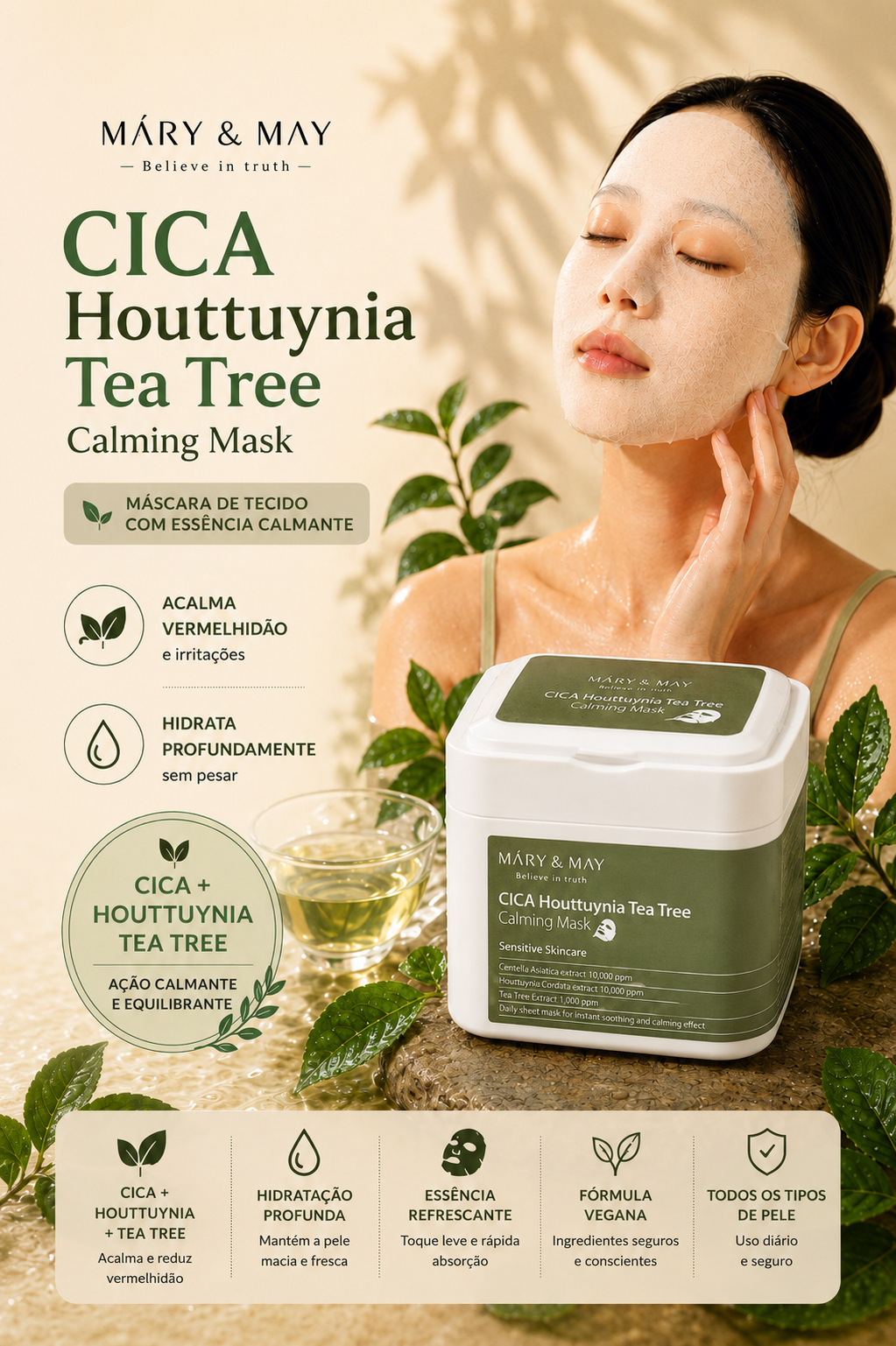 CICA Houttuynia Tea Tree Calming Mask - 30 Unidades - Mary&May