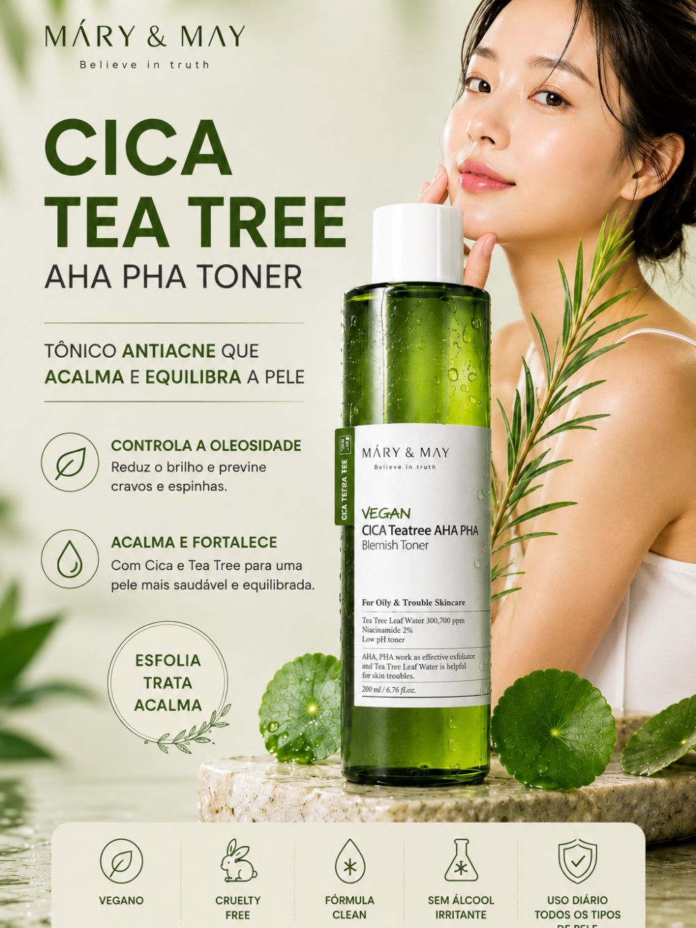 Vegan CICA Tea Tree AHA PHA Blemish Toner 200ml - Mary&May
